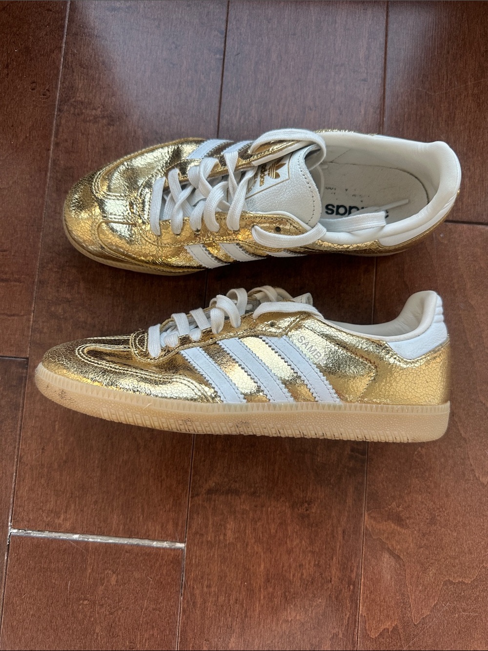 adidas Samba Metallic Gold and White Athletic Shoes